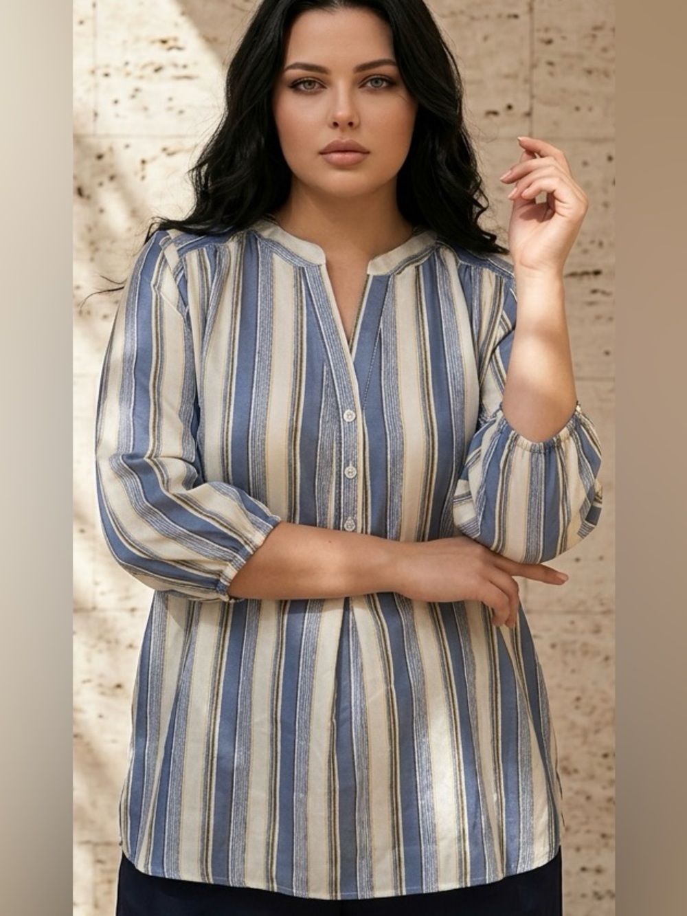 Lane Bryant Blue and Cream Striped Button-Front Blouse